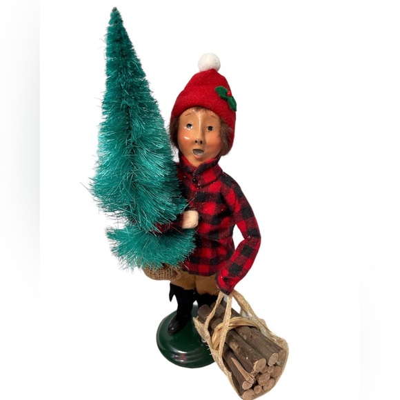 1991 BYERS CHOICE CAROLER LITTLE LUMBER JACK BOY WITH TREE AND FIREWOOD - Picture 1 of 6